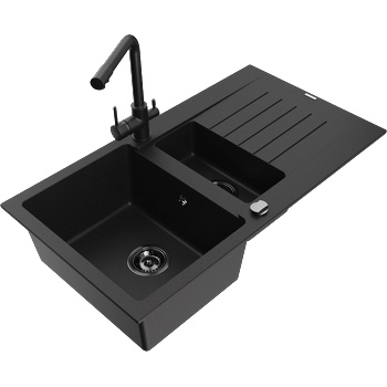Mexen Matias гранитна мивка 1, 5-коморна с дренаж и кухненски смесител Duero, черен - 6502-77-671600-70-B (6502-77-671600-70-B)
