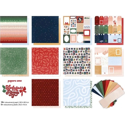 PAPERO AMO ♥ Sada scrapbookových papírů 30,5 x 30,5 cm + 5 ks barevných papírových pásků - Splněná přání