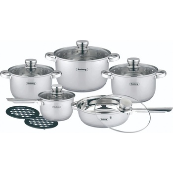 Rosberg Комплект тенджери и тигани Rosberg R51210L12BM, 12 части, Многослойно дъно, Неръждаема стомана, Сребрист (R51210L12BM)
