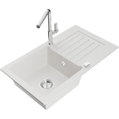 Mexen Pablo гранитна кухненска мивка с 1 камера с отцедник и кухненски смесител Flora, бял - 6510-20-670401-00 (6510-20-670401-00)