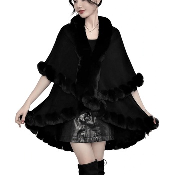 Елегантна пелерина в черно с пухкава шал яка