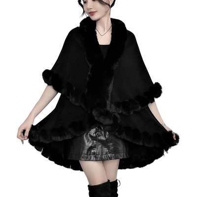 Елегантна пелерина в черно с пухкава шал яка