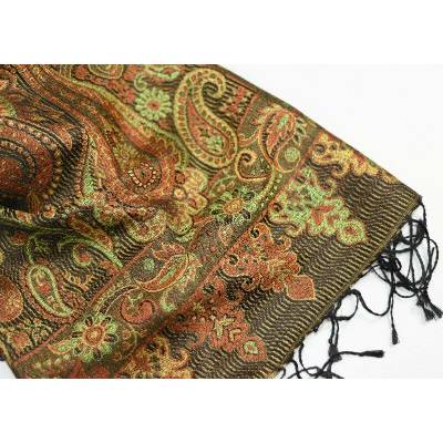Hedvábná šála Jamawar velká černá a zelená s ornamenty