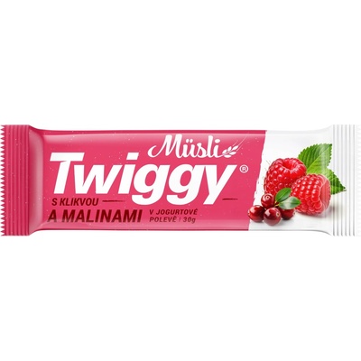 Twiggy Müsli tyčinka s klikvou a malinami celomáčená v jogurtové polevě 30 g