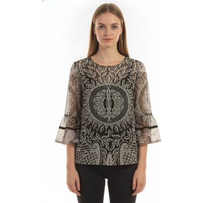 Desigual dámská halenka s dlouhým rukávem a potiskem černobílá boho