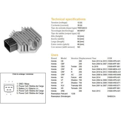 DZE regulátor napětí HONDA CB 300 13-15; CBF 250 04-07; CRF 250/450R 09-12; VT 700 SHAdoW 04-09; VT 750 SHAdoW 04-09; XL 650V TRANSALP 01-07 (31600-KPF-961)