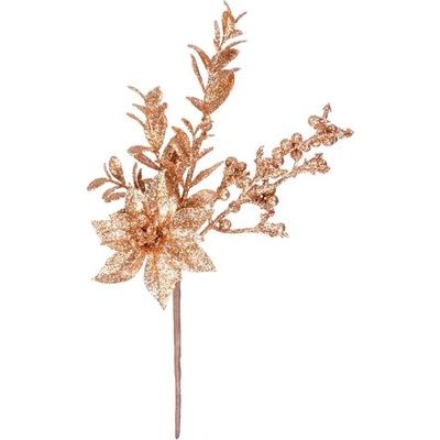 6 ks Vetvička MagicHome Vianoce s kvetom poinsettia a bobuľkami zlatá 24 cm. bal. 6 ks