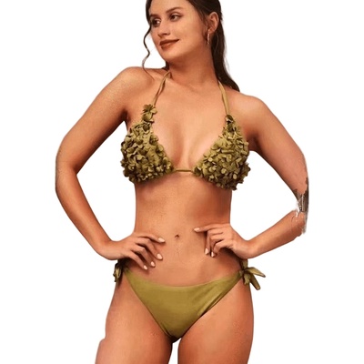 Дамски бански в златисто жълто с 3d цветя