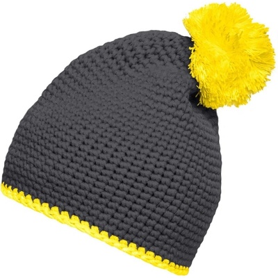 pletená čepice s kontrastním pruhem a bambulí MB7964 Tmavě šedá žlutá
