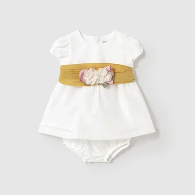 Mayoral Рокля с жълт колан с цвете официална в цвят сметана за новородено момиче Майорал