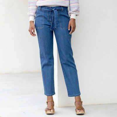 Rovné džínsy s vysokým pásom a opaskom na zaviazanie zapratá modrá