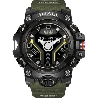 SMAEL Спортен мъжки часовник Smael Hyper Sport, Двойно време, Хронограф, LED Подсветка, Зелен / Черен (SMAEL-8075-GREEN-BLACK)