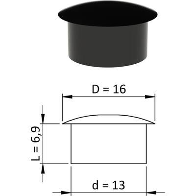 Vnitřní krytka kulatá ø 16 mm, otvor ø 13 mm, černá, plast