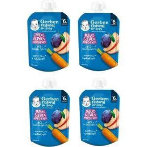 Nestle Плодово пюре Nestle Gerber - Пауч с ябълка, слива и морков, 6 м+, 4 х 80 g (4x 12513297) - baby