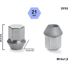 Kolová matice M14x1,5 Ford, kužel, klíč 21, DF03, uzavřená, nerez. krytka, výška 34,8 mm