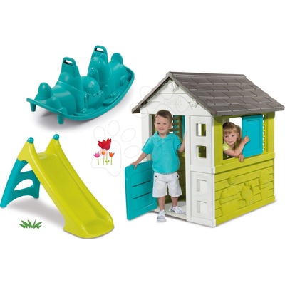 Smoby set domeček Pretty Blue se zasouvací okenicí skluzavka Toboggan XS a oboustranná houpačka Tuleň 310068-5