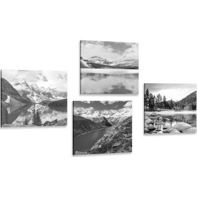 Set obrazů okouzlující horské krajiny v černobílém provedení - 4x 40x40