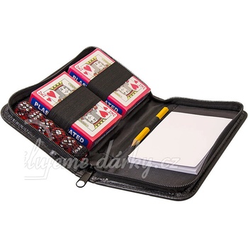 Sada Žolíkových hracích karet 6 kostek bločku a tužky v černém pouzdru