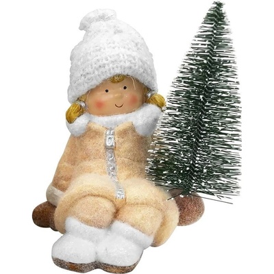 MagicHome Postavička Vianoce Dievčatko so stromčekom terakota 14,5x13x17 cm