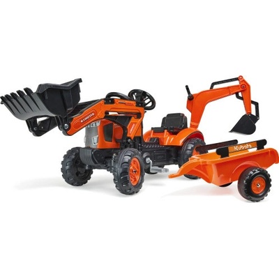 FALK Šlapací traktor Kubota s nakladačem rypadlem a vlečkou
