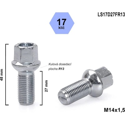 Kolový šroub M14x1,5x27 kulový R13, WHT002437, Audi, Seat, Škoda, VW, klíč 17, LS17D27FR13, výška 48 mm | Zboží Auto