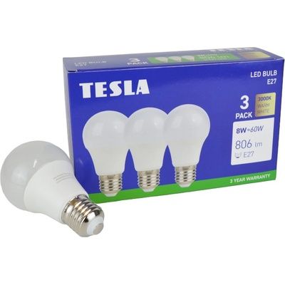 Tesla Lighting LED žárovka BULB E27, 8W, 230V, 806lm, 25 000h, 3000K teplá bílá, 220st 3ks