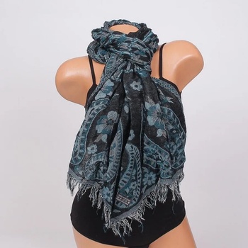 Image 1 of Зимен шал в петролено и черно с цветя и орнаменти