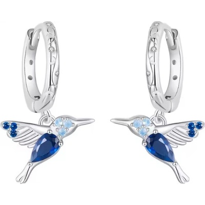 For Silver Kruhové náušnice s přívěskem kolibříka, zirkony a modrými kameny - Stříbro 925