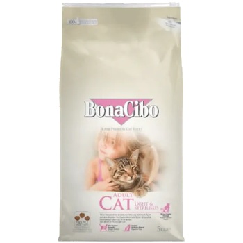 BonaCibo cat adult light & sterilized - суха храна за кастрирани котки, или котки с наднормено тегло от всички породи, над 1 година - с пилешко месо и ориз, Турция - 5 кг