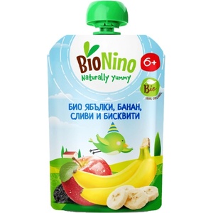 BioNino Био плодова закуска BioNino - Пауч с ябълки, банан, сливи и бисквити, 6 м+, 90 g (BN2614) - baby