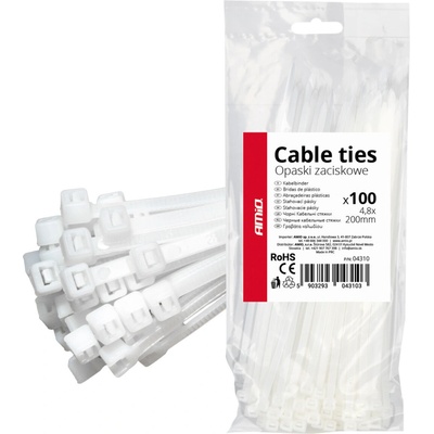 Amio 04310 Plastové sťahovacie pásky, biele 4,8 × 200 mm 100 ks