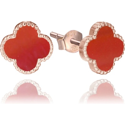 MINET 1365 Rose gold stříbrné náušnice čtyřlístky s červeným achátem