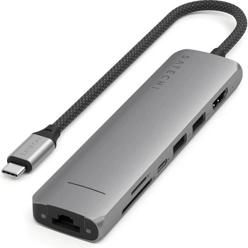 Satechi 7-in-1 USB-C Aluminum Slim Multiport Adapter With Ethernet - мултифункционален хъб за свързване на допълнителна периферия за компютри с USB-C (тъмносив)