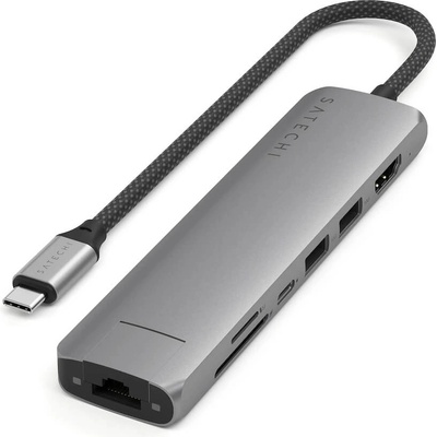 Satechi 7-in-1 USB-C Aluminum Slim Multiport Adapter With Ethernet - мултифункционален хъб за свързване на допълнителна периферия за компютри с USB-C (тъмносив)