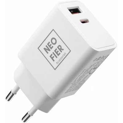 Neofier Захранване за ел. мрежа с USB-A и USB-C изходи и технологии за бързо зареждане - NeoFier Dual Port Fast Wall Charger 20W (бял) (NFC03WAC)