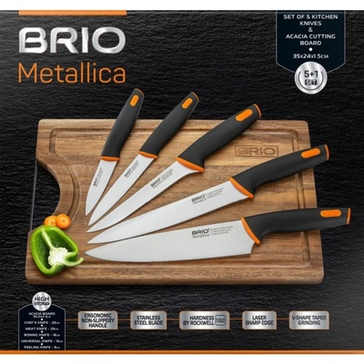 BRIO Комплект от 5 броя кухненски ножове Brio Metallica с акациева дъска, 9 см (104363)
