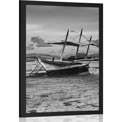 Plakát loďky při západu slunce v černobílém provedení - 30x45 white