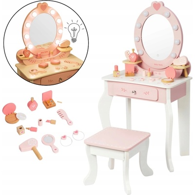 Milly Mally Velký dřevěný toaletní stolek pro děti LED se stoličkou ELLY pink