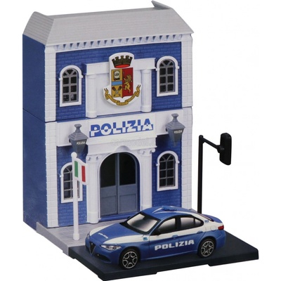 Bburago Accessories Diorama Set Build Your City Police Station Caserma Polizia With Alfa Romeo Giulia 2015 Světle Modrá Bílá 1:43