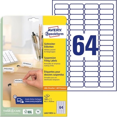 AVERY Етикет AVERY L6021REV-25 6021 45, 7x16, 9mm висящ етикет за документи 1600 етикета в кутия 25 листа в кутия (L6021REV-25)