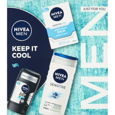 NIVEA Men Balm Cooling Balzám po holení Sensitive Cool 100 ml, Tuhý AP 50 ml, Sprchový gel 250 ml Dárkové balení