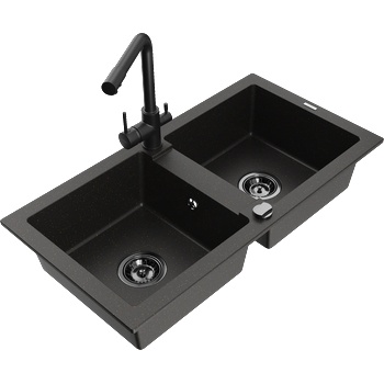 Mexen Mario двукоморна гранитна мивка с кухненски смесител Duero, черен/златен металик - 6504-75-671600-70-B (6504-75-671600-70-B)