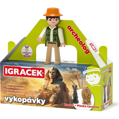 EFKO Igráček Archeológ s egyptskými vykopávkami masky faraóna a sošky bohyne Bastet