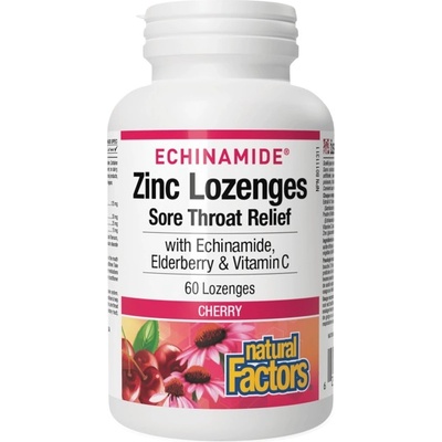 Natural Factors Echinamide® Zinc Lozenges | Sore Throat Relief [60 дъвчащи дражета] Череша