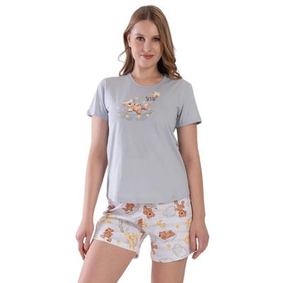 Дамска лятна пижама в сиво с къс ръкав и мече