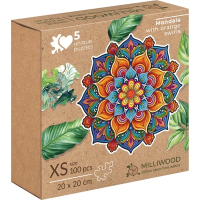 Milliwood Дървен пъзел Milliwood, Peace and Harmony, 100 части - Мандала с оранжеви елементи (XS-Mandala-5064)