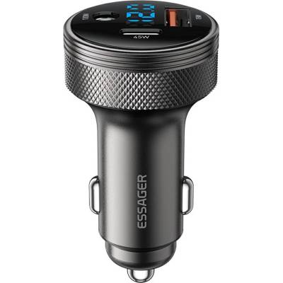 ESSAGER 150W зарядно за кола с дисплей, USB-A, Type-C, DC - сив
