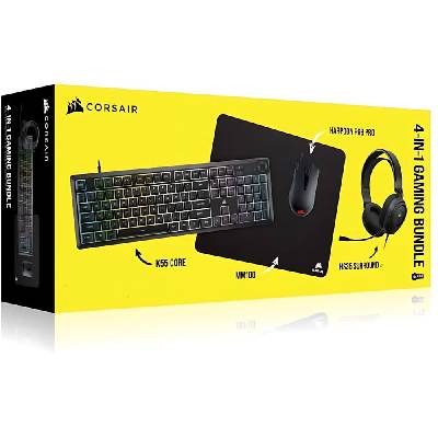 Комплект клавиатура, мишка, слушалки и пад Corsair 4 in 1 Gaming Bundle - 2025 Edition, жични, гейминг, 12 000dpi, RGB подсветка, USB, AUX, черни (CH-9226F65-NA)