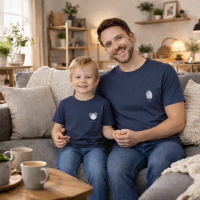 Set triček pro tátu a dítě s otisky prstu Barva: Tmavě modrá, Velikost pro dítě: 10 let, Velikost pro tátu: M - S vlastním textem (Jméno)