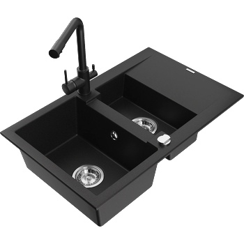 Mexen Gaspar Гранитна мивка с 1, 5 отделения с отцедник и кухненски смесител Duero, черен - 6507-77-671600-70 (6507-77-671600-70)